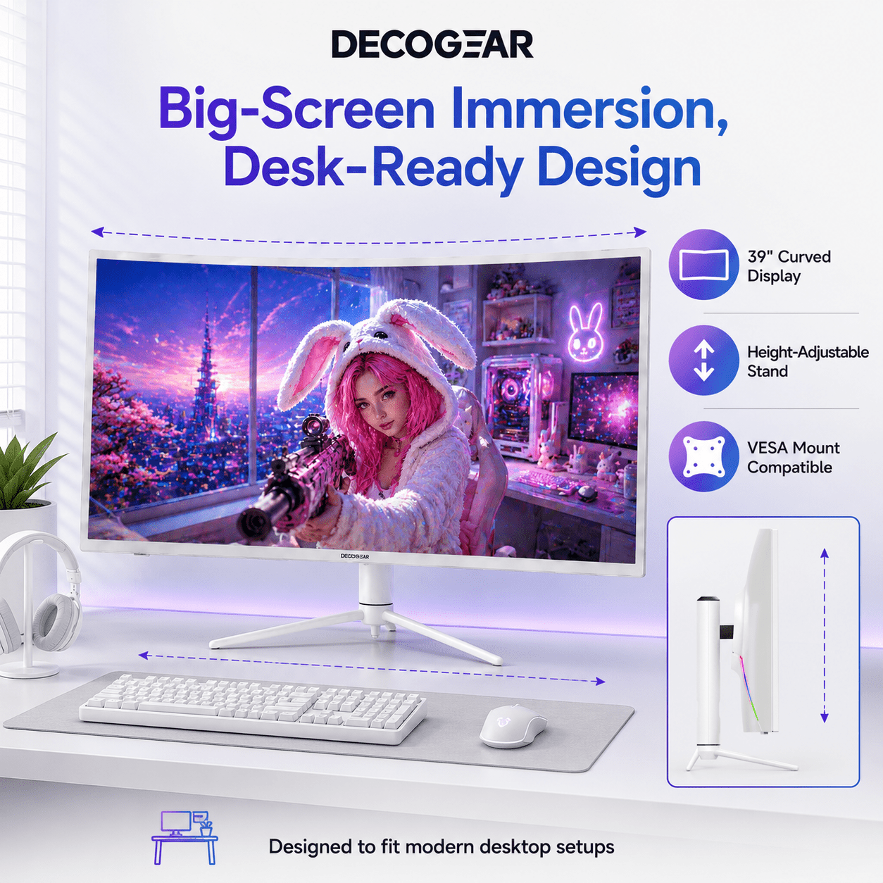Deco Gear 39" Curved Widescreen Gaming Monitor, 2560×1440 QHD, 165Hz, 1ms MPRT, HDR, Adaptive Sync, 3000R Curve, HDMI, DisplayPort, Tilt Swivel Height Adjust, White