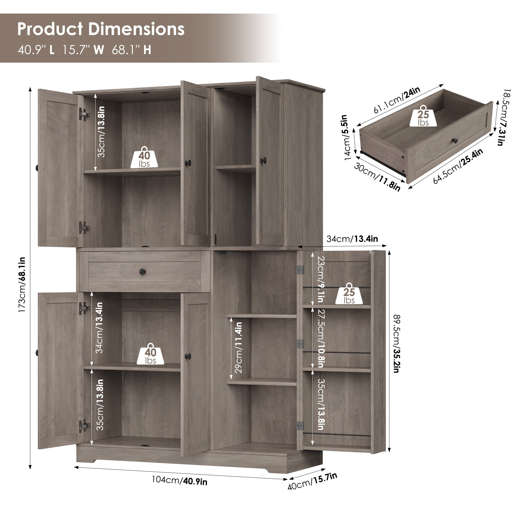 Homfa Kitchen Pantry Storage Cabinet, 68" Food Pantry Cabinet with Drawer and Door Shelf, 6 Door Freestanding Cupboard Buffet for Dining Room, Wash Gray