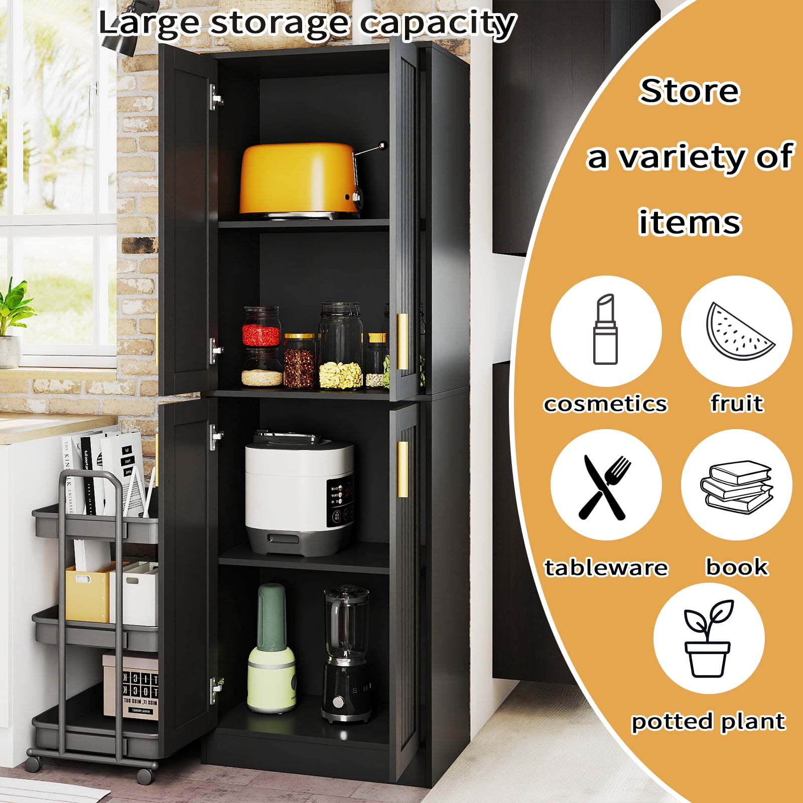67.7” Tall Modern Storage Cabinet with 2 Adjustable Shelves, Bathroom Cabinet with 4 Doors, Kitchen Cabinets, Cupboard for Kitchen, Living Room
