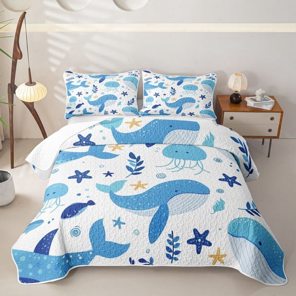 meiyoeat Cute Ocean Jellyfish Star Whale Twin Quilt Set for Boys Girls, Kawaii Marine Wildlife Twin Coverlet Set, Blue White, 2-Piece