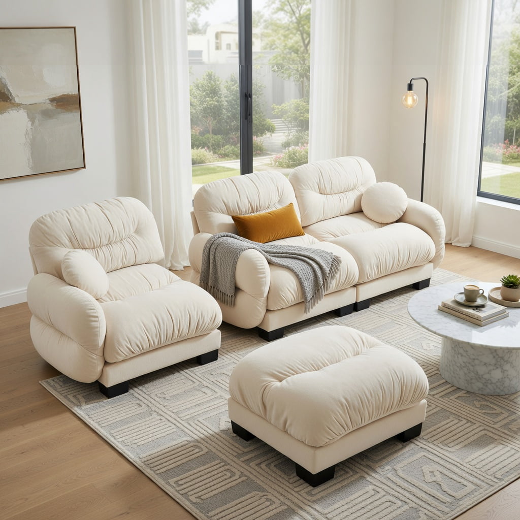 Hommoo Chenille L-Shaped Modular Sectional Sofa with Pleated Back, Ergonomic High-Density Foam Cushions, Curved Armrests, Ottoman & 2 Round Throw Pillows, 3-Seat Cozy Living Room Couch, Beige