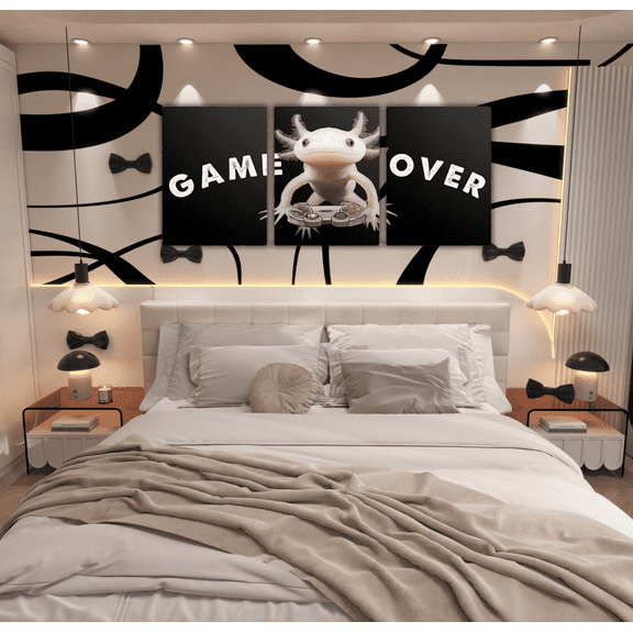 Erosebridal Funny Axolotl Gamer Canvas Wall Art Living Room, Gaming Gamepad Framed Wall Art Set of 3, Game Over Print Wall Decor for Bedroom, Luxury Bedroom Decorative