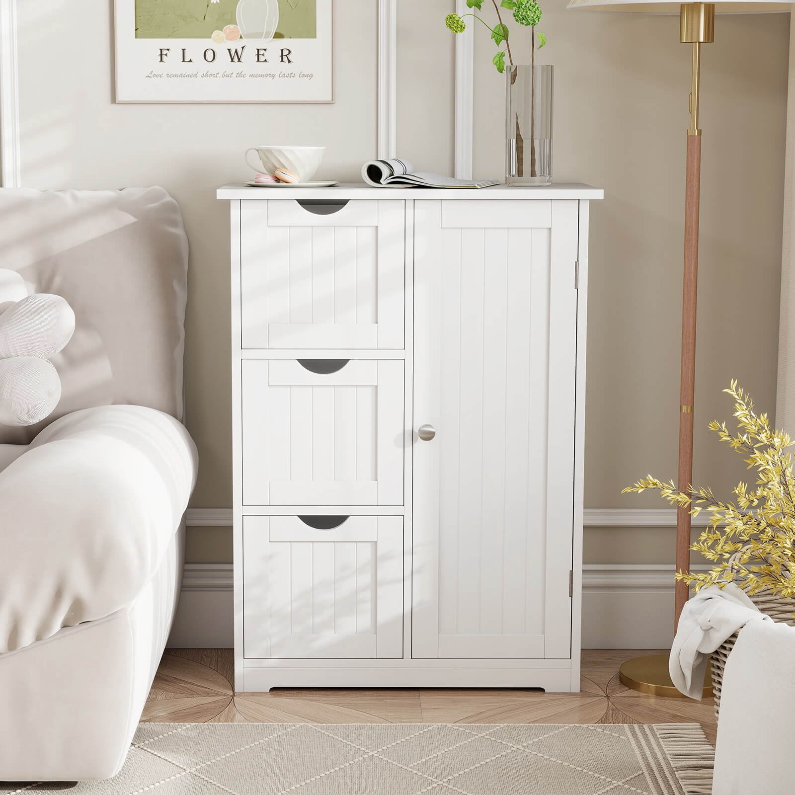 Costway Bathroom Floor Cabinet Side Storage Cabinet with 3 Drawers and 1 Cupboard White