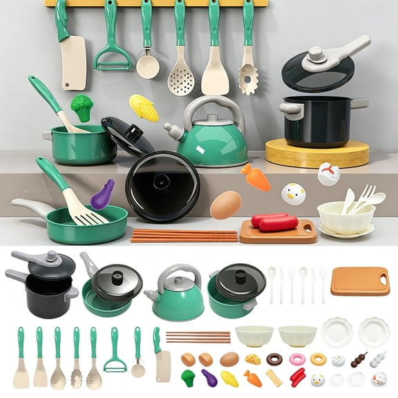 Green Kids Pretend Play Kitchen Cookware Set, Little Chef Role Play Educational Toy, Birthday Holiday Gift for Toddler Boys Girls Ages 3