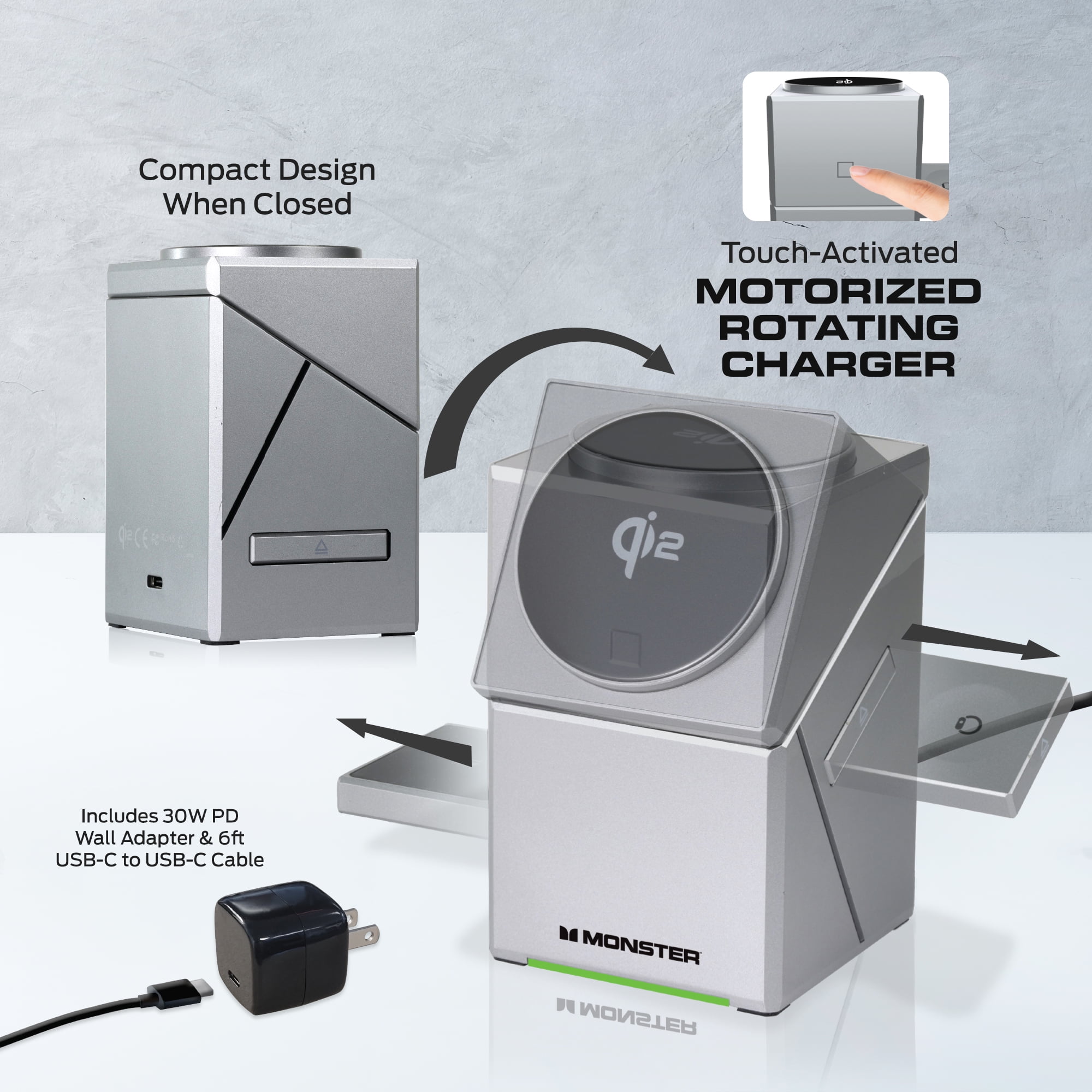 Monster 3-in-1 Wireless Charger Stand, Qi2 Magnetic iPhone Charger for iPhone 16/15/14/13, Apple Watch & AirPods, Motorized Rotating Phone Charger, 22.5W, 30W USB-C PD Adapter