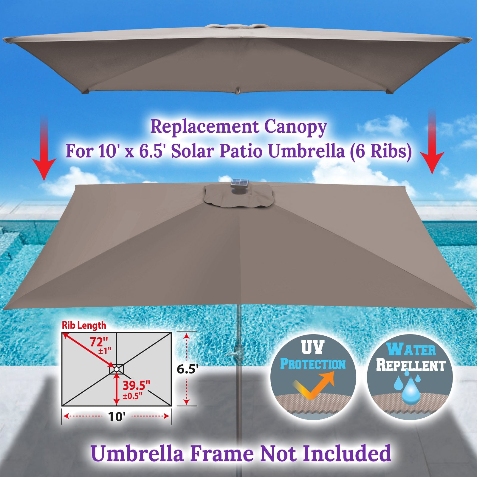 SOLAXO 6-Rib 10'x6.5' Solar Patio Umbrella Replacement Canopy cover for Outdoor
