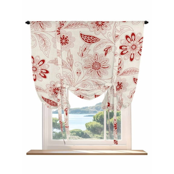 Red Flowers Tie Up Curtains for Windows 63 Inch Length Balloon Curtains Kitchen Adjustable Balloon Window Shade Retro Botanical Pastoral Leaved Farm Tie Up Valance Bathroom Curtain Window 46"x63"
