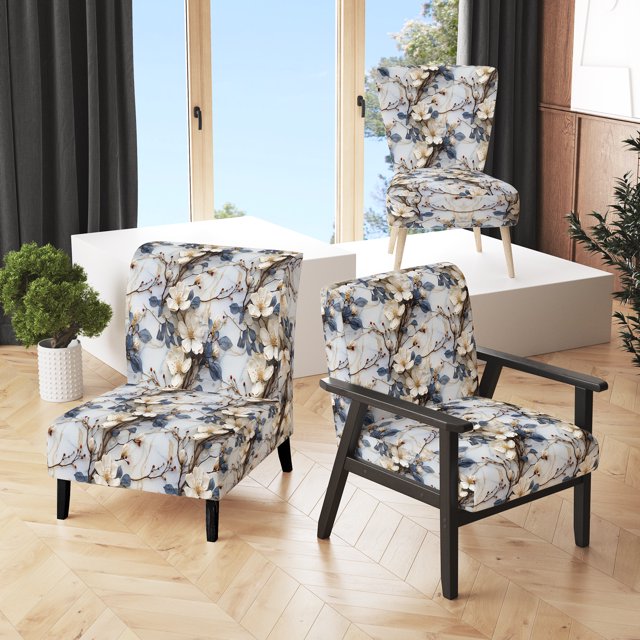Designart "Marbled Pattern With Magnolias Vein In White And Blue Splendor" White Marble Upholstered Accent Chair - Glam Arm Chair For Living Room