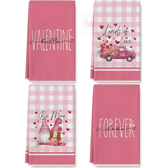 Valentine''s Day Kitchen Towel Pink Romantic Truck Love Gnome Dish Towel Buffalo Plaids Sweet Hand Drying Tea Towel for Wedding Anniversary Cooking Baking, 18 x 26 Inch, Set of 4