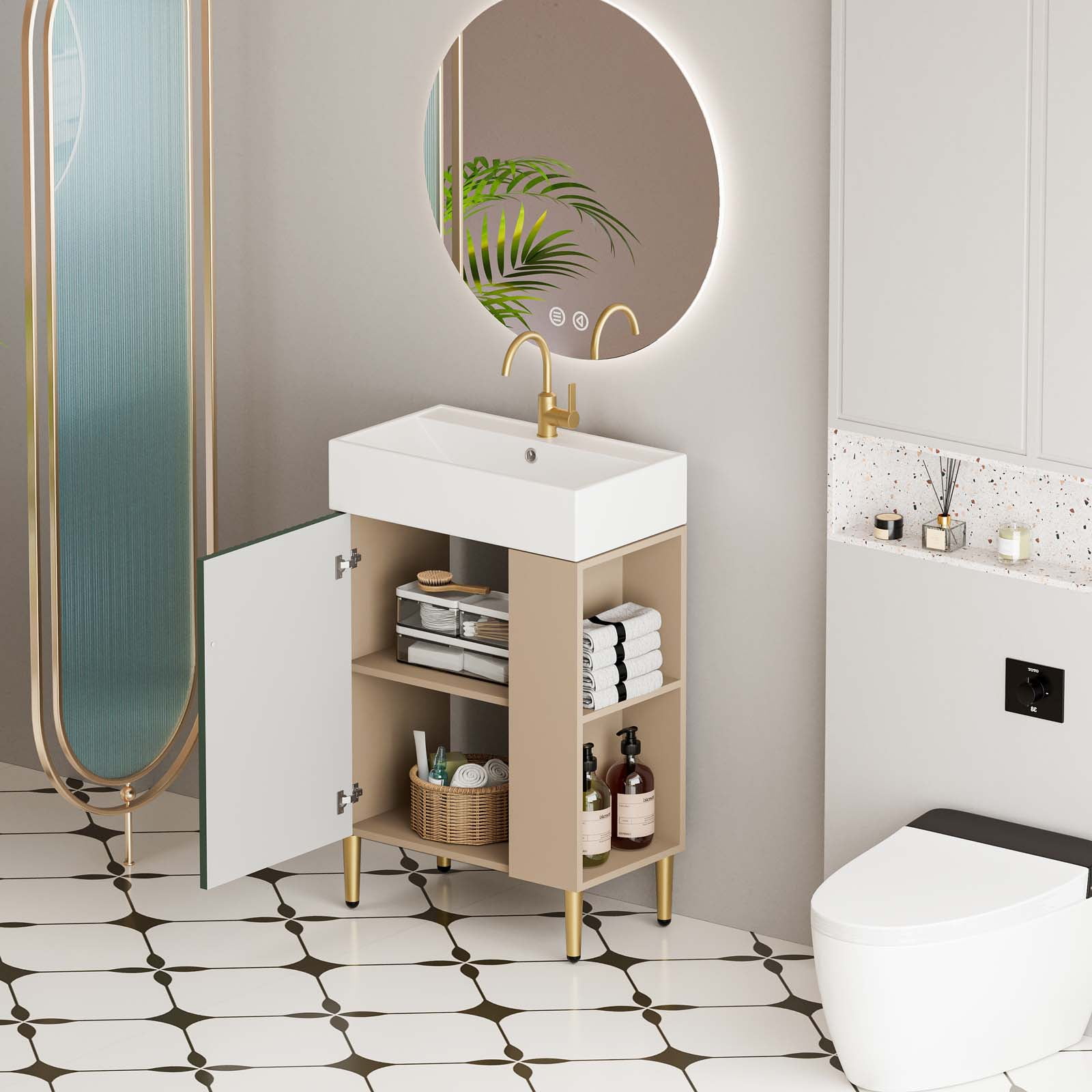 21.7" Bathroom Vanity with Ceramic Sink, Freestanding Bathroom Vanity with Open-Shelving Natural Wood Vanities Cabinet Soft Closing Door Right Storage for Small Bathroom Grey