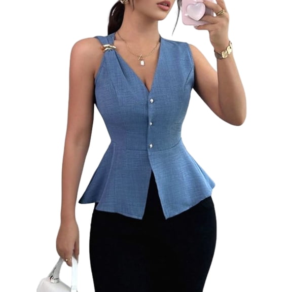 Women'S Suit Vest V Neck Button Sleeveless Jacket Fashion Summer Waistcoat Lady Fashion Vests Blue M