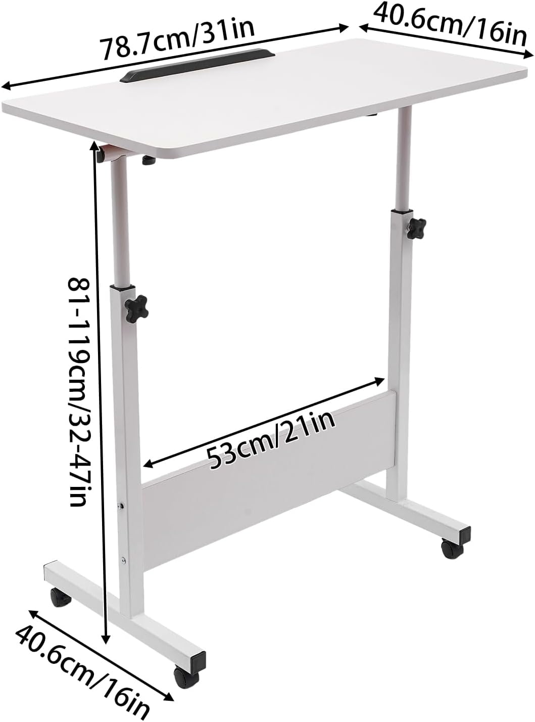 Height Adjustable Portable Small Spaces Standing Desk with 4 Wheels, White