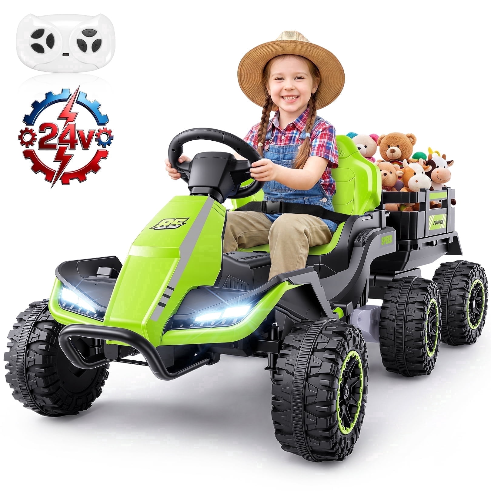 VIBESPARK 24V Ride on Toys with Remote Control, 3 in 1 Ride on Car, Ride on Tractor for Kids with Trailer, 6 Wheel Kids Electric Car w/ Bluetooth, MP3, Music, Green