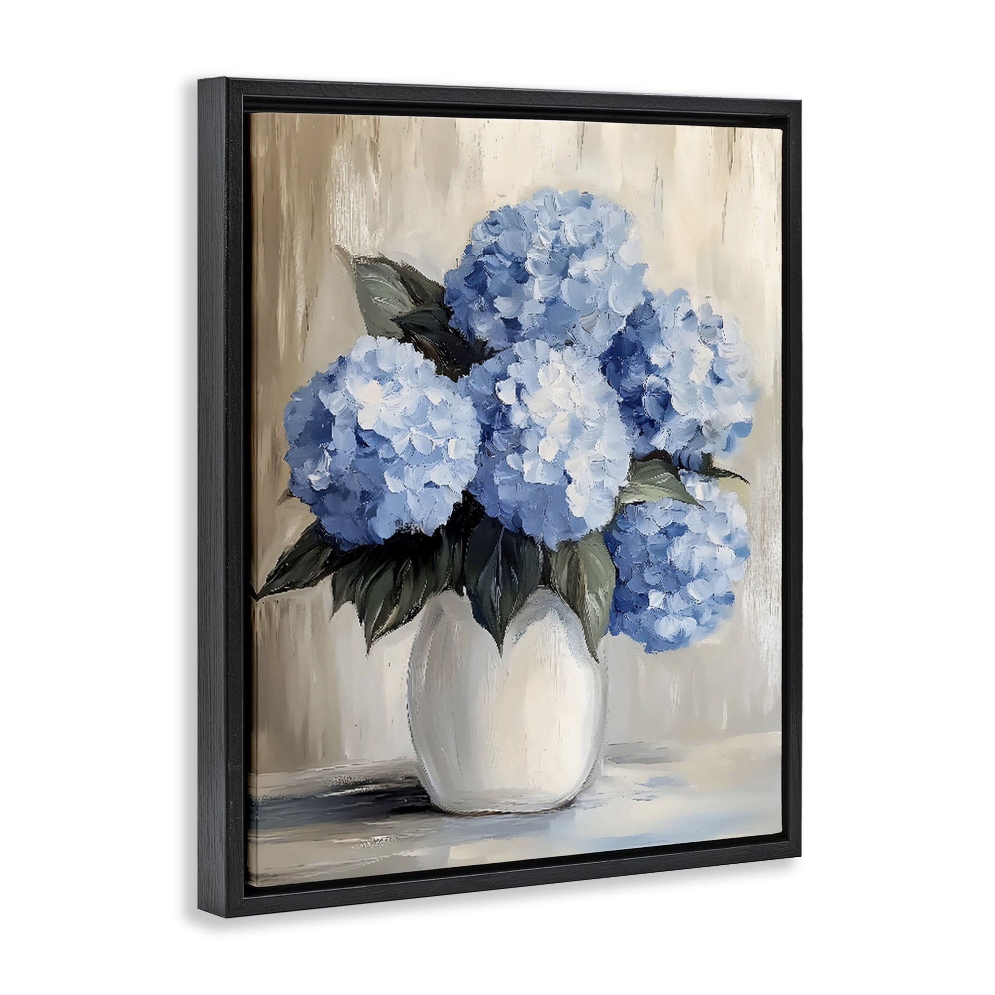 Stupell Industries Painted Hydrangeas in White Vase Black Framed Floater Canvas Wall Art, design by Creative Studio