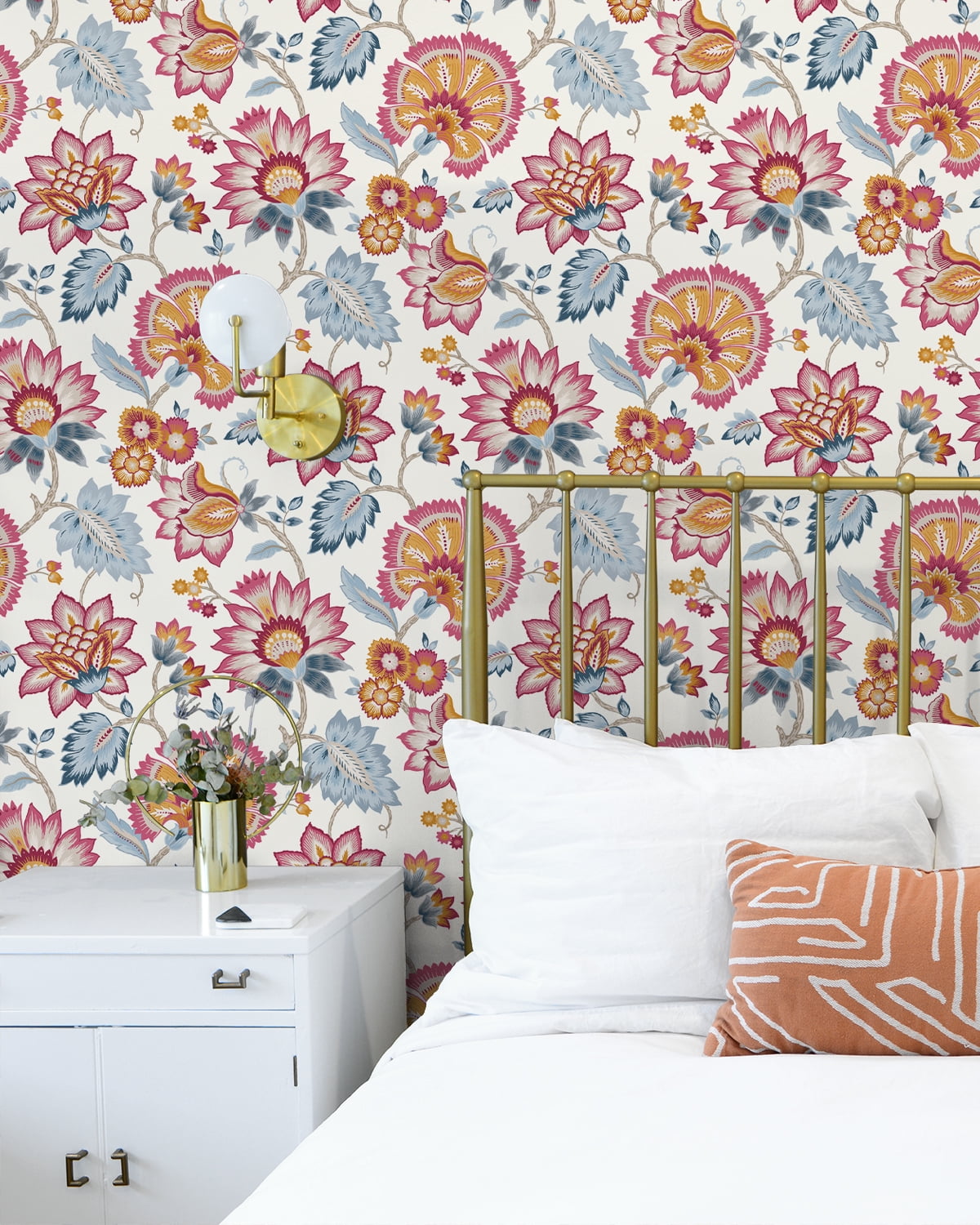 NextWall Fandango Pink & Bluebird Jacobean Blossom Floral Peel and Stick Wallpaper