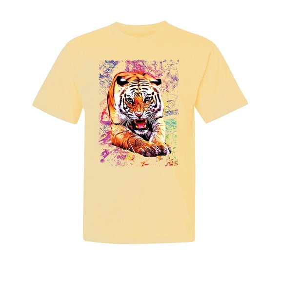 Wild Bobby, Tiger Growling Colorful Trippy, Animal Lover, Garment-Dyed Washed Look Short Sleeve T-Shirt, Banana, Medium