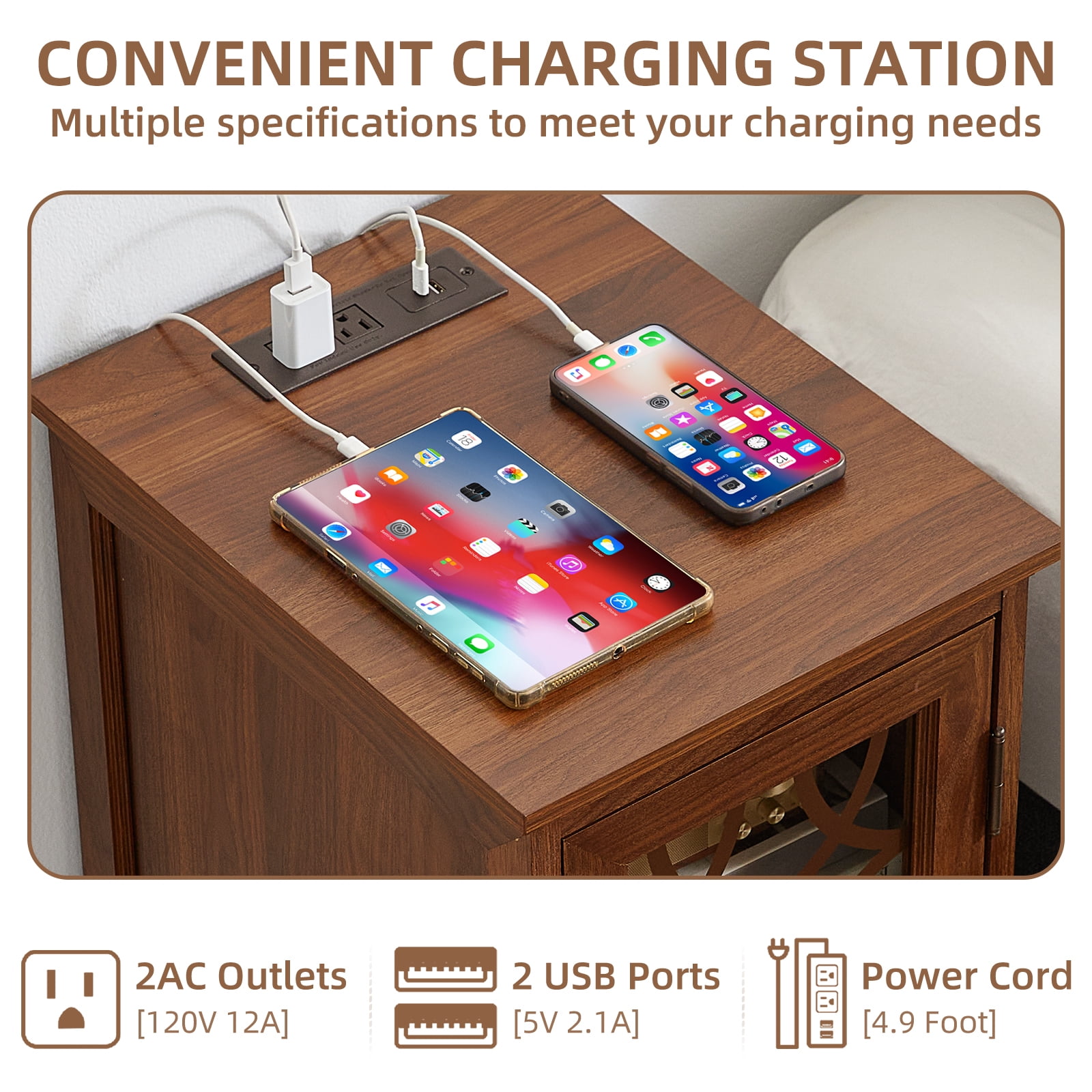 End Tables for Living Room with Charging Station, Nightstand for Small Spaces Bedoom with Glass Door and Adjustable Shelf, Brown
