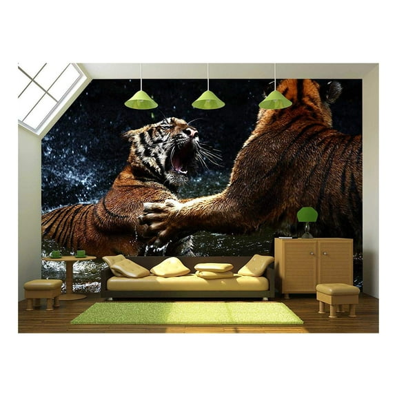 wall26 - Tiger Attack to Other Tiger - Removable Wall Mural | Self-Adhesive Large Wallpaper - 66x96 inches
