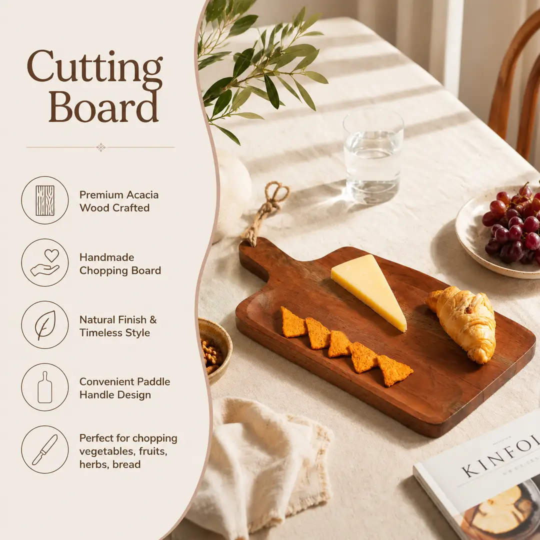 Acacia Wood Cutting Board with Handle, Handcrafted Wooden Chopping Board, Natural Finish Serving Board for Bread, Cheese, Charcuterie & Food Prep, Rectangular Paddle Board, 8 x 0.75 x 18 Inches