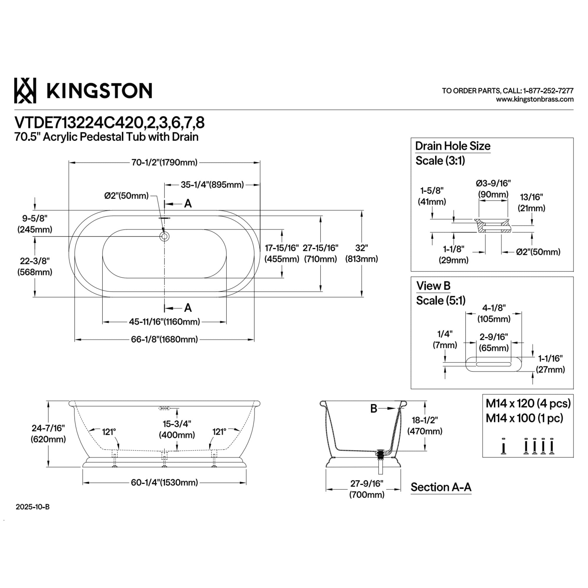 Kingston Brass VTDE713224C423 71-Inch Acrylic Oval Double Ended Pedestal Tub with Drain (No Faucet Drillings) in Glossy White/Antique Brass
