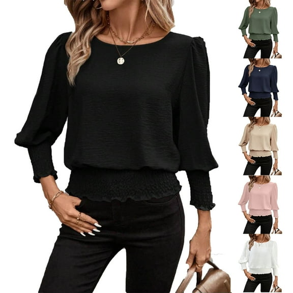 Otntypg Banded Bottom Tops for Women Smocked Tops Elastic Cinched Waist Tunic Top Elegant Dressy Blouse 3/4 Length Sleeve Casual Outfits Black L