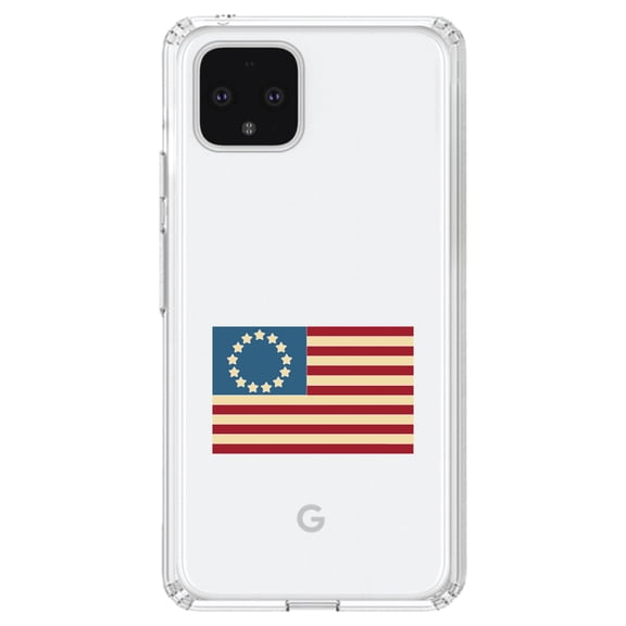 DistinctInk Clear Shockproof Hybrid Case for Google Pixel 4 XL (6.3" Screen) - TPU Bumper Acrylic Back Tempered Glass Screen Protector - USA Colonial Flag Red White & Blue