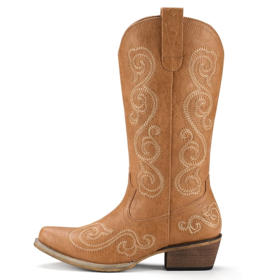 SMILIN Western Cowgirl Boots for Women, Mid-Calf Embroidered Pointed Toe Tall Country Boots, Tan, Size 8
