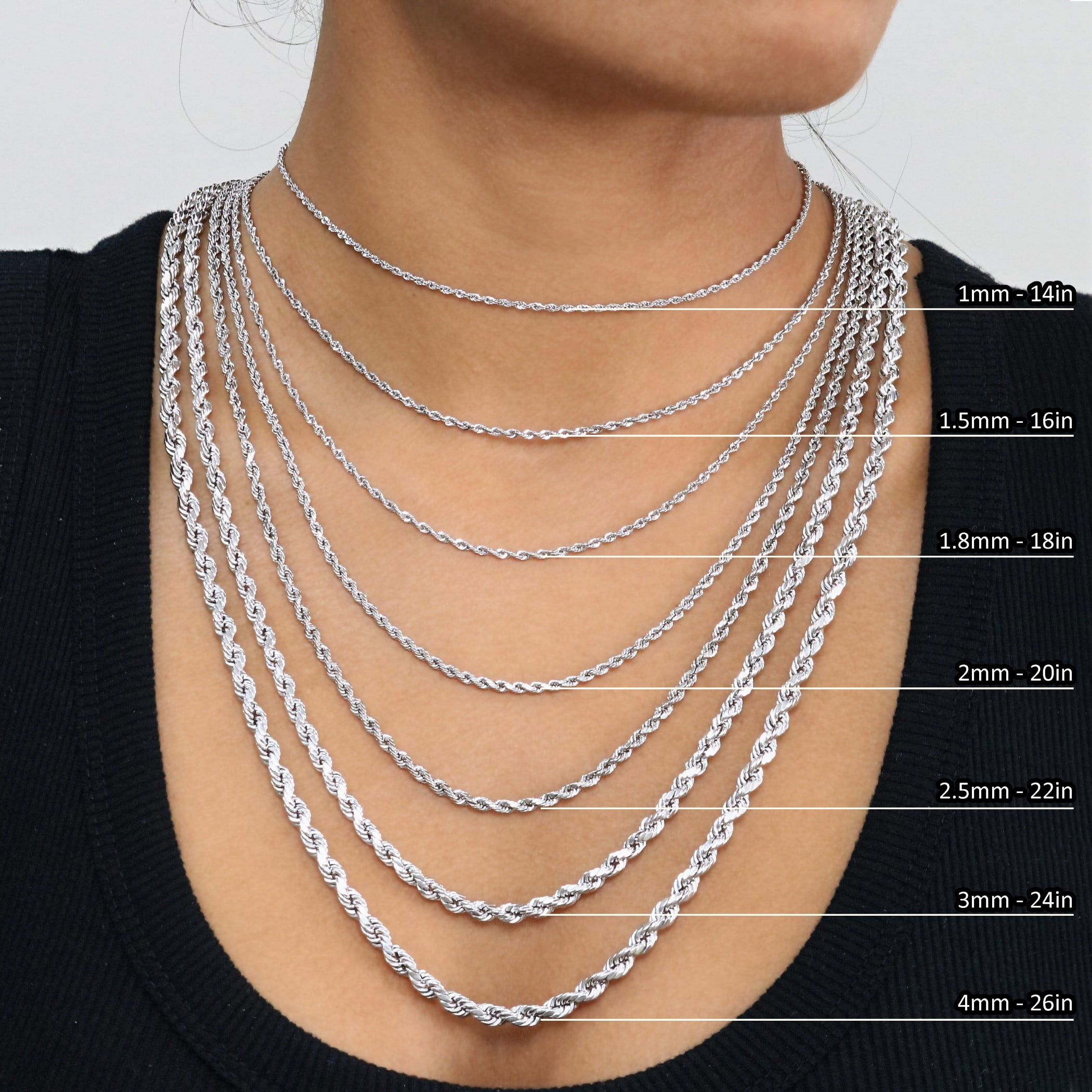Nuragold 10K Real White Gold Rope Diamond Cut Chain Necklace 14"-30" (1.5mm-7mm) Italian Jewelry for Men & Women