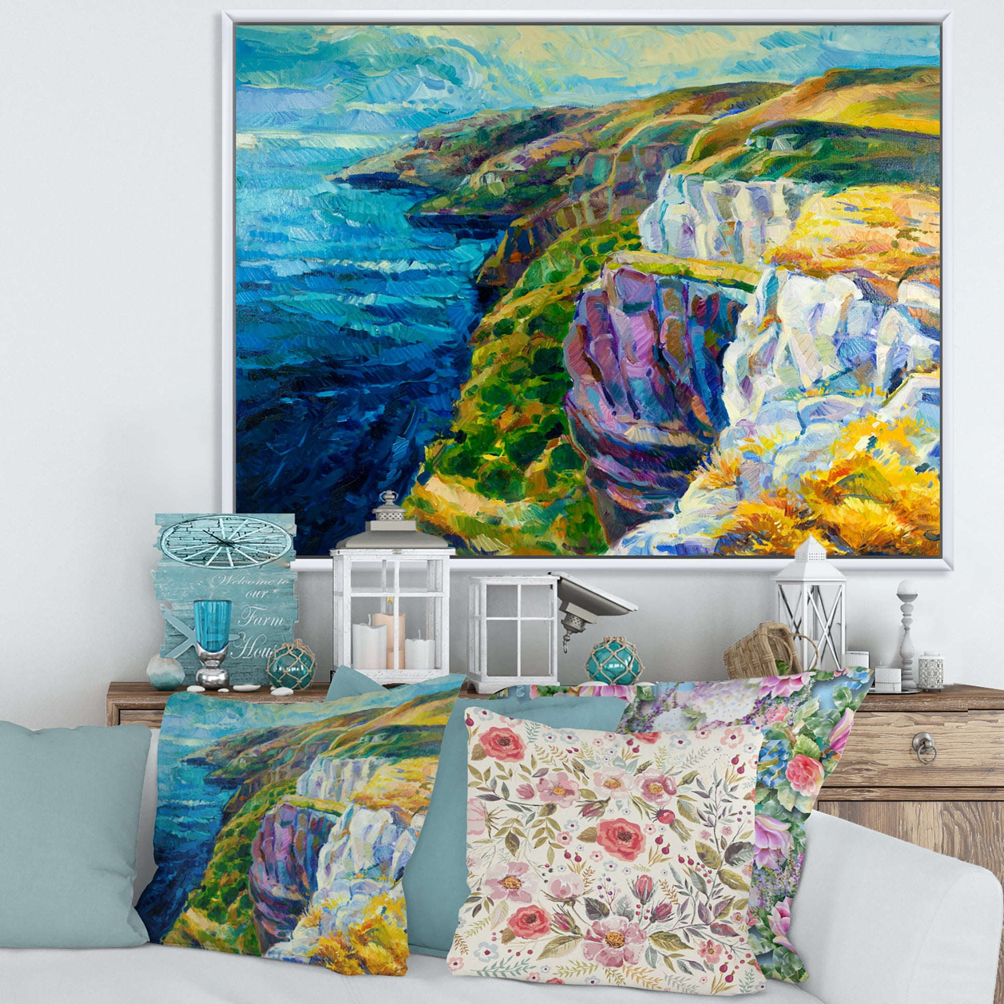 Designart 'The Blue Ocean By Rocky Cliffs II' Nautical & Coastal Framed Canvas Wall Art Print
