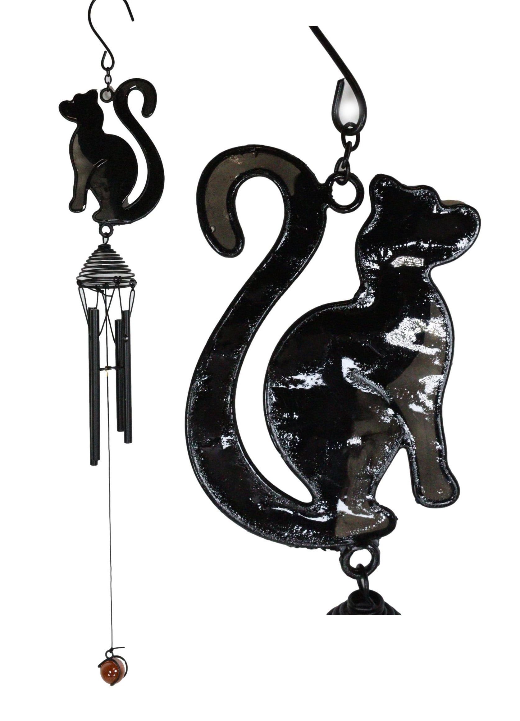 Wicca Witchcraft Black Cat Shadow Profile Stained Glass Wind Chime