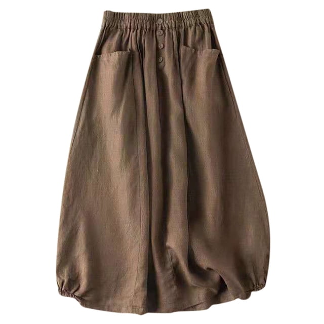 Women's Fashion Vintage Linen Mid Length High Waisted A Line Skirt - Flaxoid Material, High Waisted Elastic Design - Cute Vintage Style for Spring/Summer