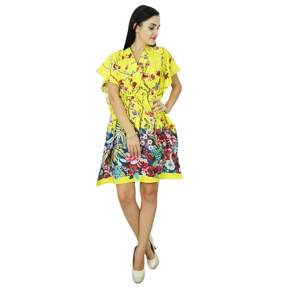 Bimba Women Floral Kaftan Dress Beach Cover Up Cotton Short Caftan