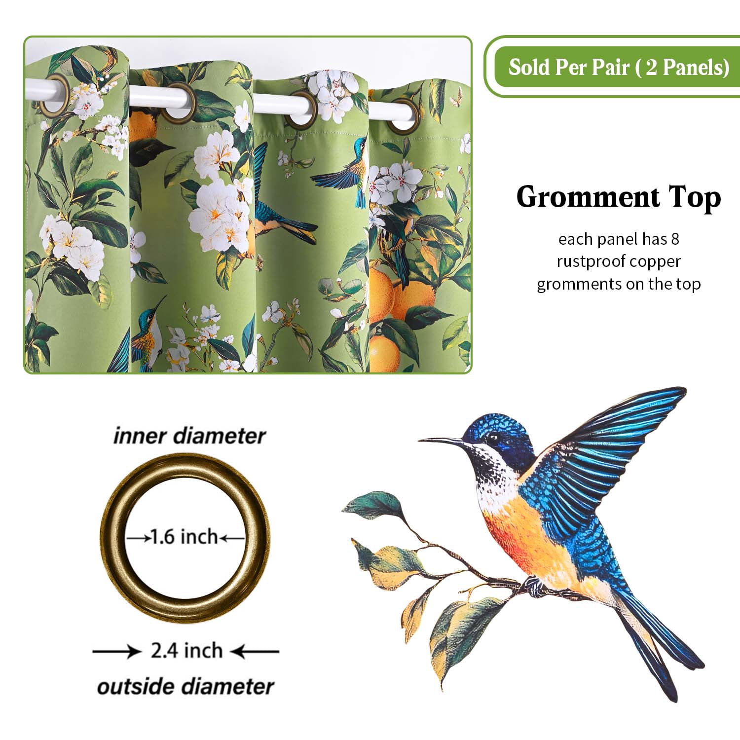 Alishomtll Floral Lemon Hummingbird Blackout Curtains Room Darkening Grommet Window Drapes for Living Room , 52" x84", ,Set of 2 Panels,Sage Green