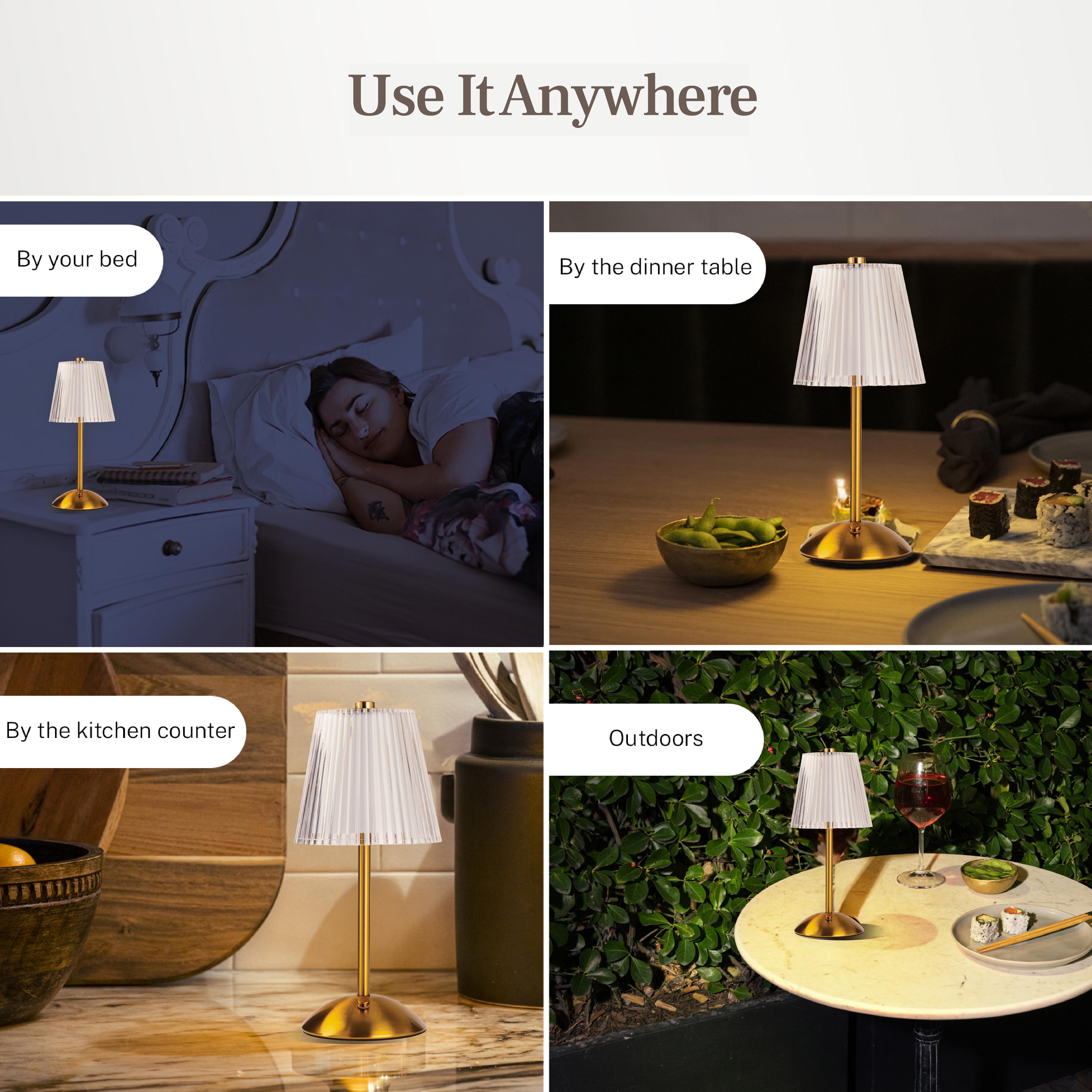 Bell and Howell Aurora Table Lamp 2 Pack Small Cordless Touch LED Rechargeable Lamp Bedside Desk Nightstand Gold Base