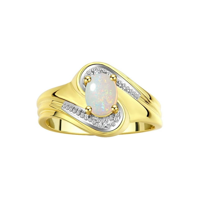 RYLOS Rings for Women 14K Yellow Gold Swirl Ring with 7X5MM Oval Gemstone & Diamond Ring October Opal Jewelry Size 8