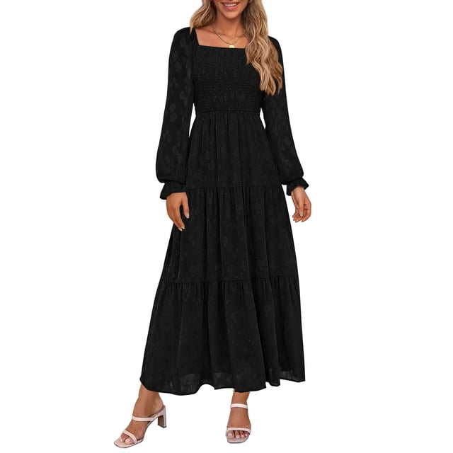 Vestido PRETTYGARDEN negro con fruncido, manga larga y capas, talla M
