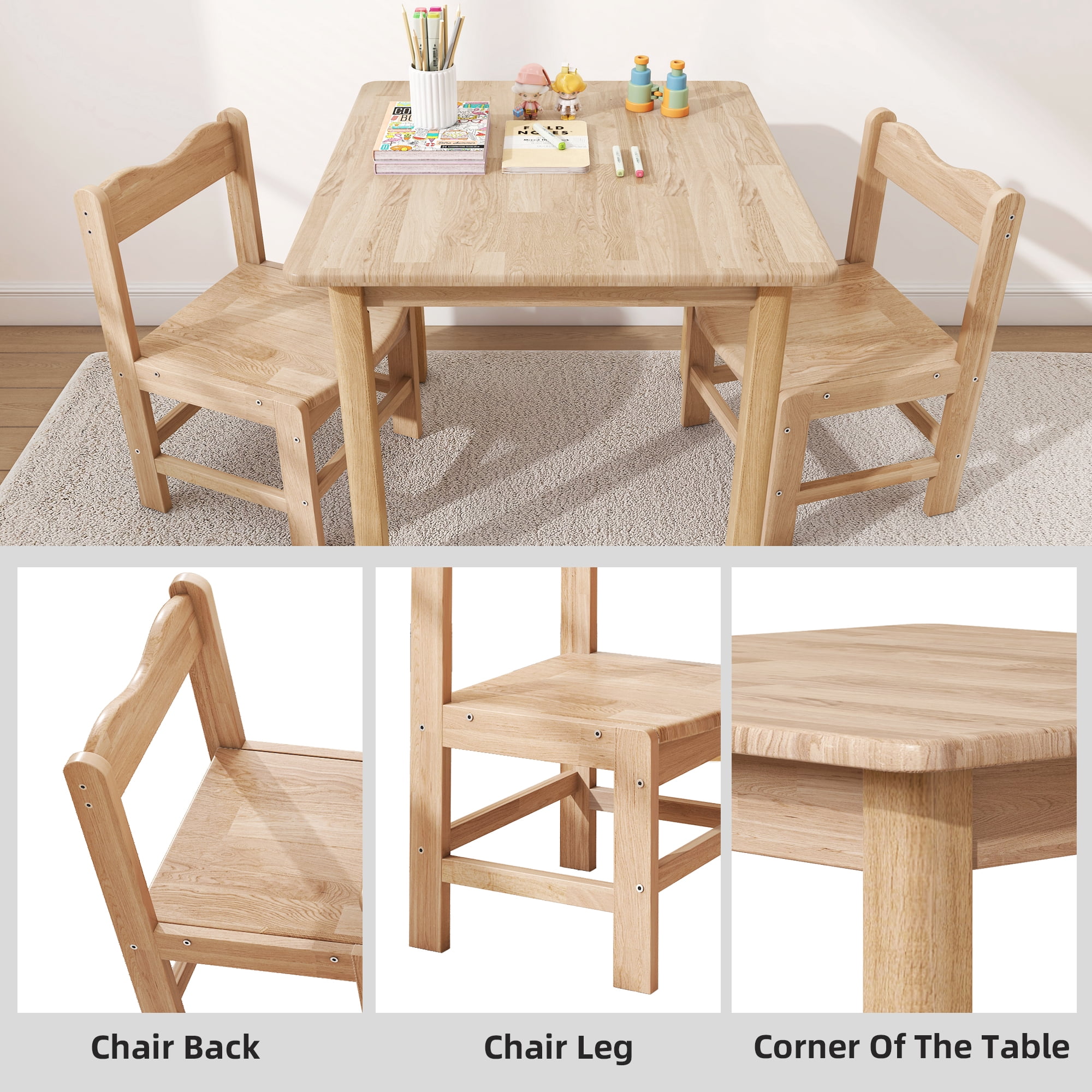UNICOO® Wooden Kids Table and Chairs Set – 3-Piece Rubber Wood Toddler Table with 2 Chairs – Playroom & Classroom Kids Desk and Chair Set for Arts, Crafts, Reading, Snacks (Natural)