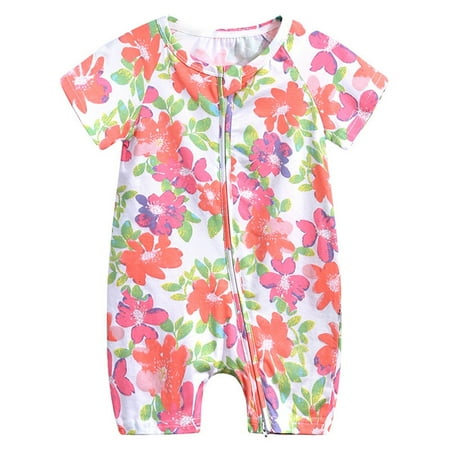 Newborn Girls Bodysuit Infant Boys Outfits Short Sleeved Summer Double Zipper Crawl Suit Floral Printed Crew Neck Casual Children Boy Jumpsuits Girl Cloth for 12-18 M