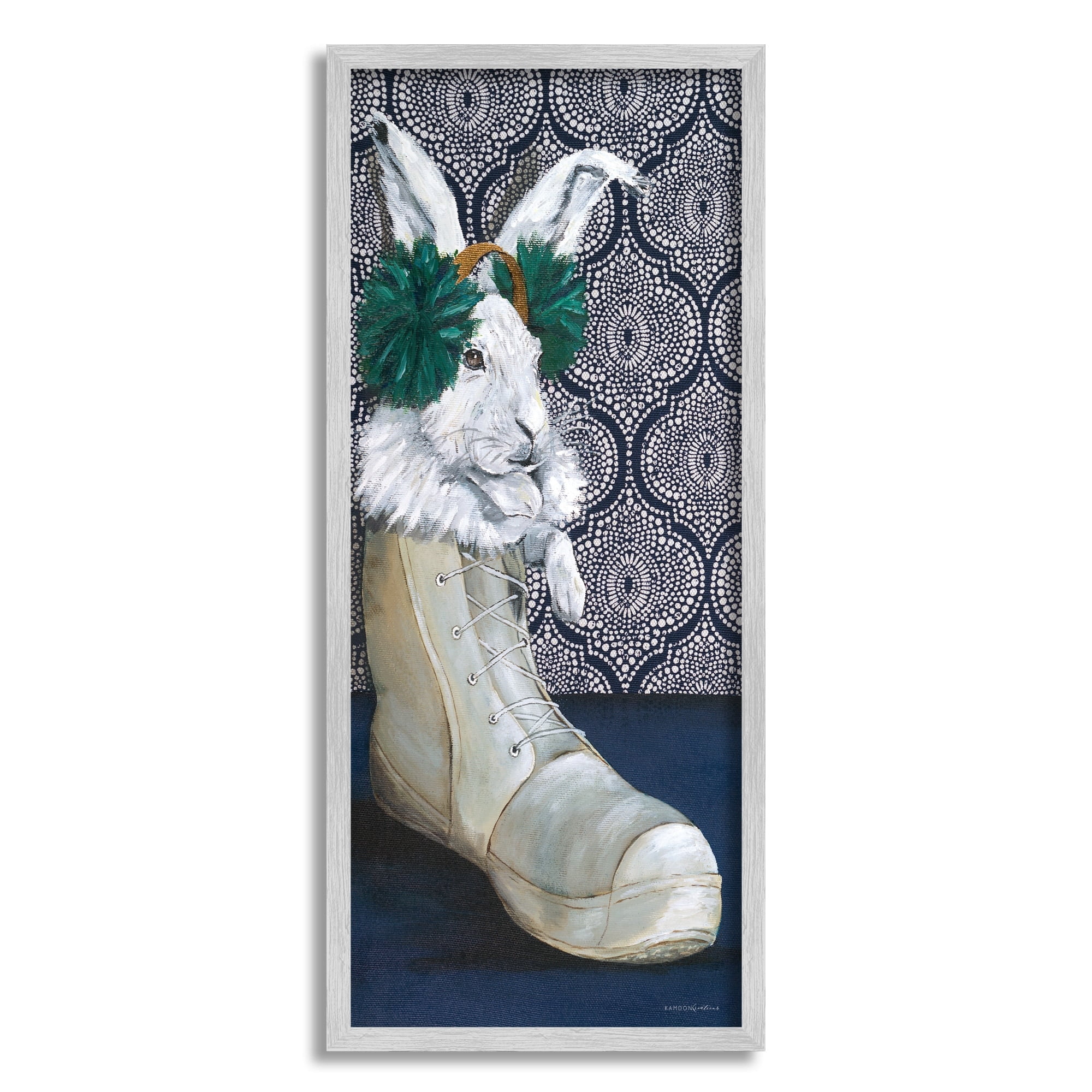 Stupell Industries White Rabbit Fluffy Boot Mosaic Pattern Wallpaper Painting Gray Framed Art Print Wall Art, Design by Kamdon Kreations