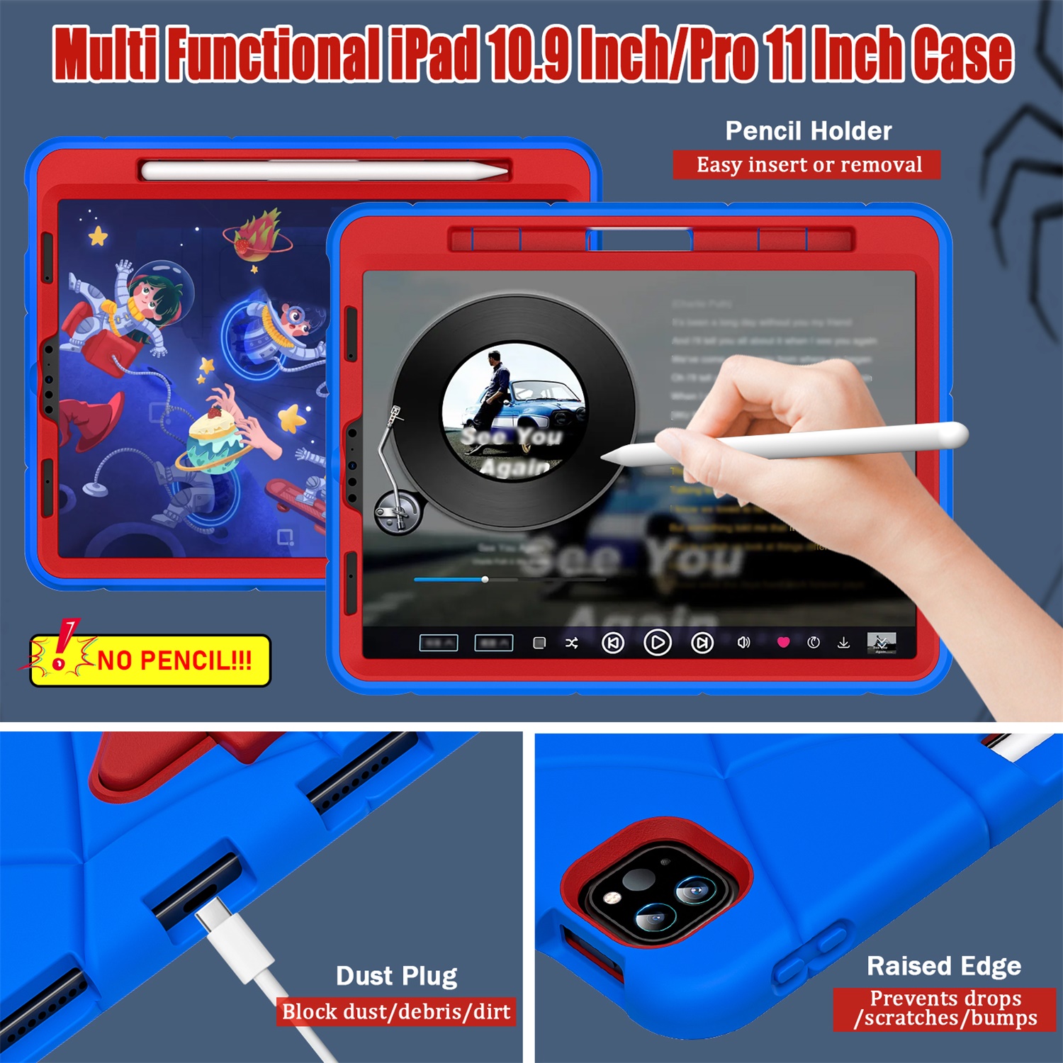 Kids Case for iPad 9th/8th/7th Generation with Pencil Holder, Lightweight Shockproof Stand Anti-Slip Rugged Silicone PC Case Cover for iPad 10.2" 2021/2020/2019 for Boys Girls, Blue+Red