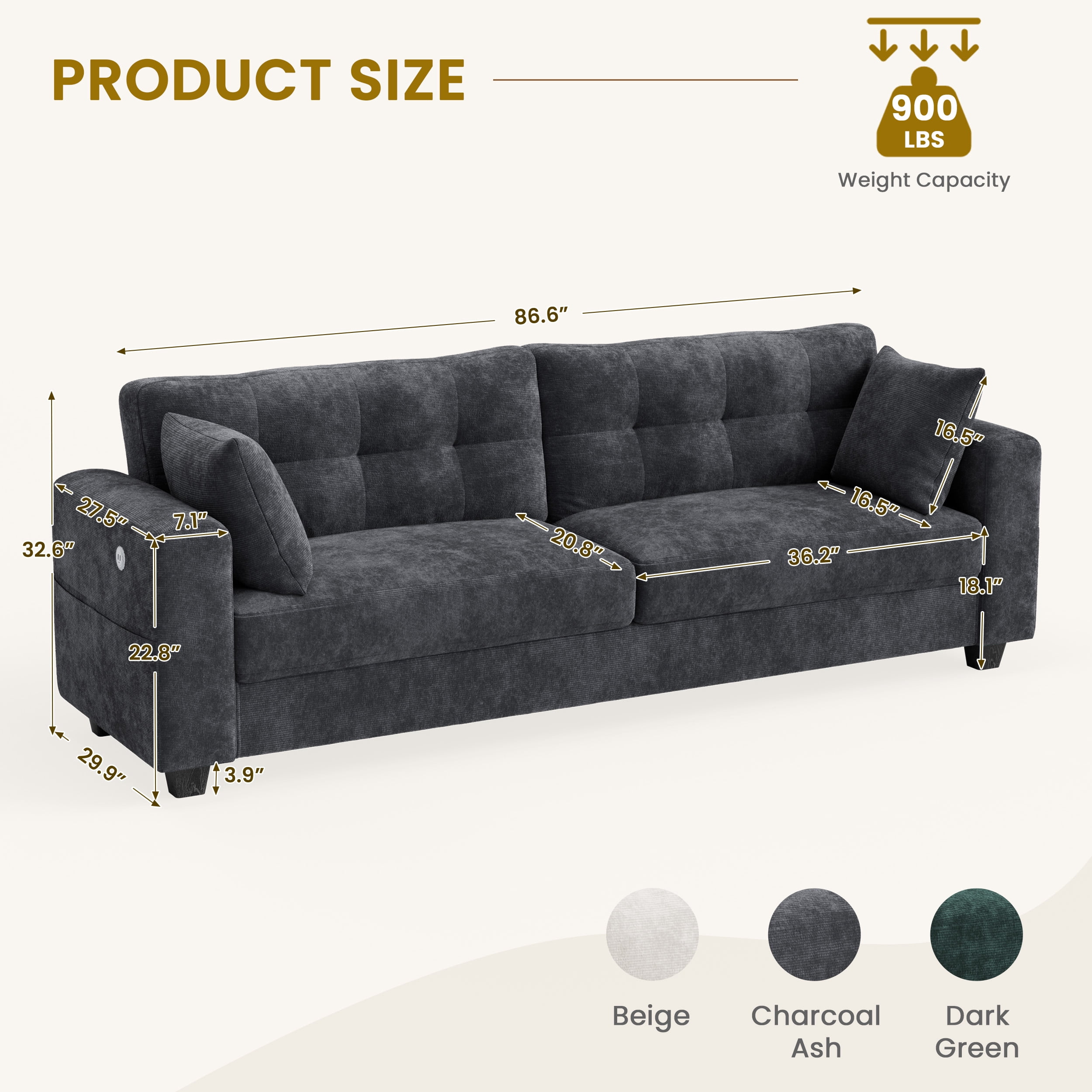 WISHEAD 87" Large 3 Seater Sofa Couch for Living Room, Office, Oversized Couches with Extra Deep Seat, USB Charging Port, 2 Pillows, Dark Gray