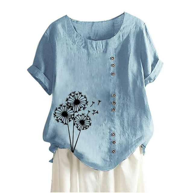 Cameland Hauts pour Femmes Col Rond Manches Courtes Imprimé Floral Chemise Ample