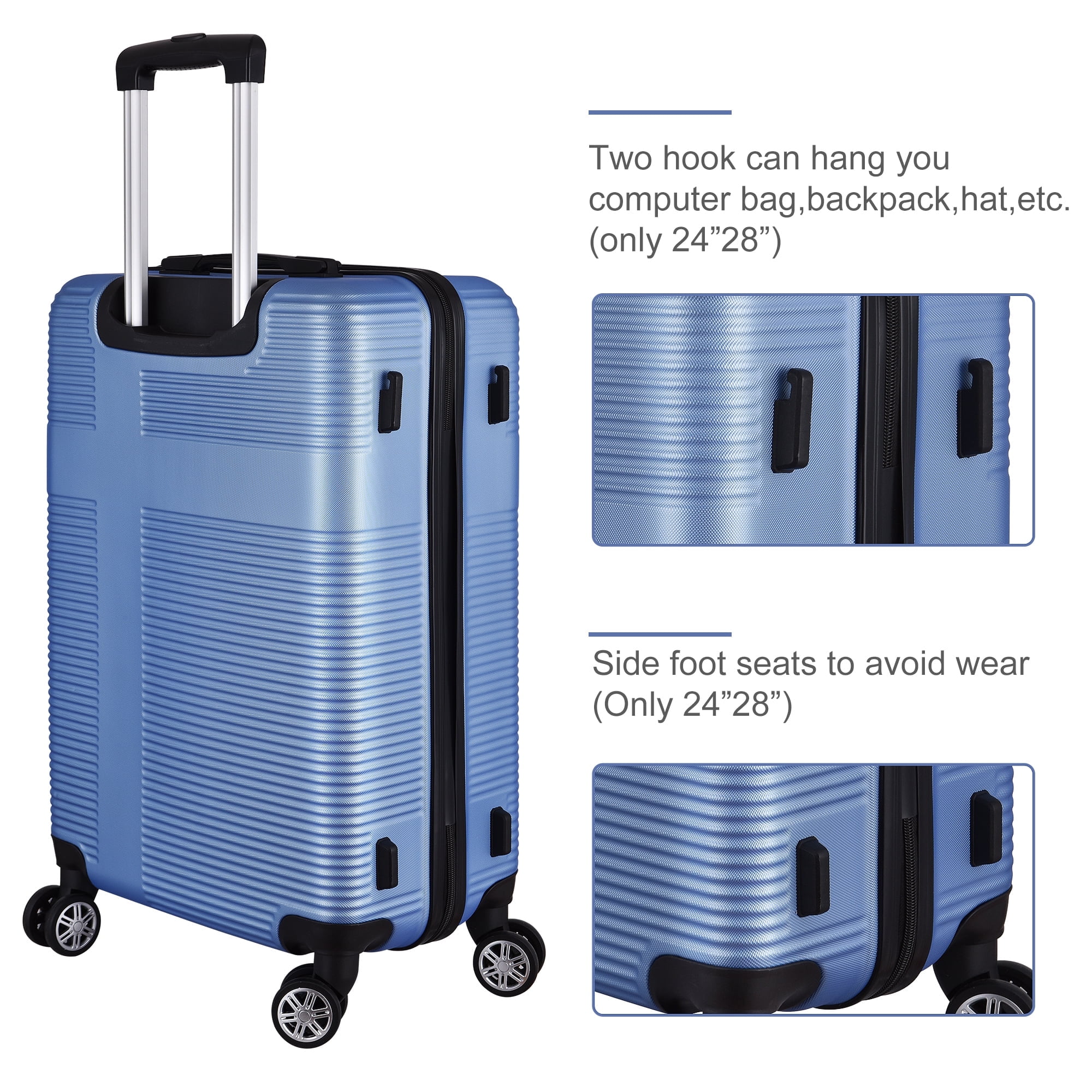 Xuanlur 3-Piece Lightweight Hardside Luggage Set with TSA Lock, 4-Wheel Spinner, and Hooks (20", 24", 28") - Light Blue