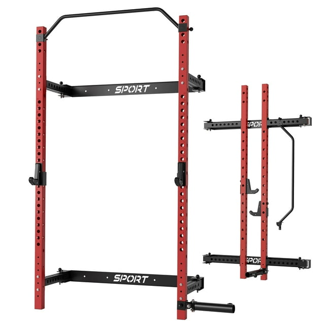 QinaQin Foldable Wall Mounted Squat Rack, 1000 Lb Capacity Home Gym Rack with Pull Up Bar, J Hooks and Landmine