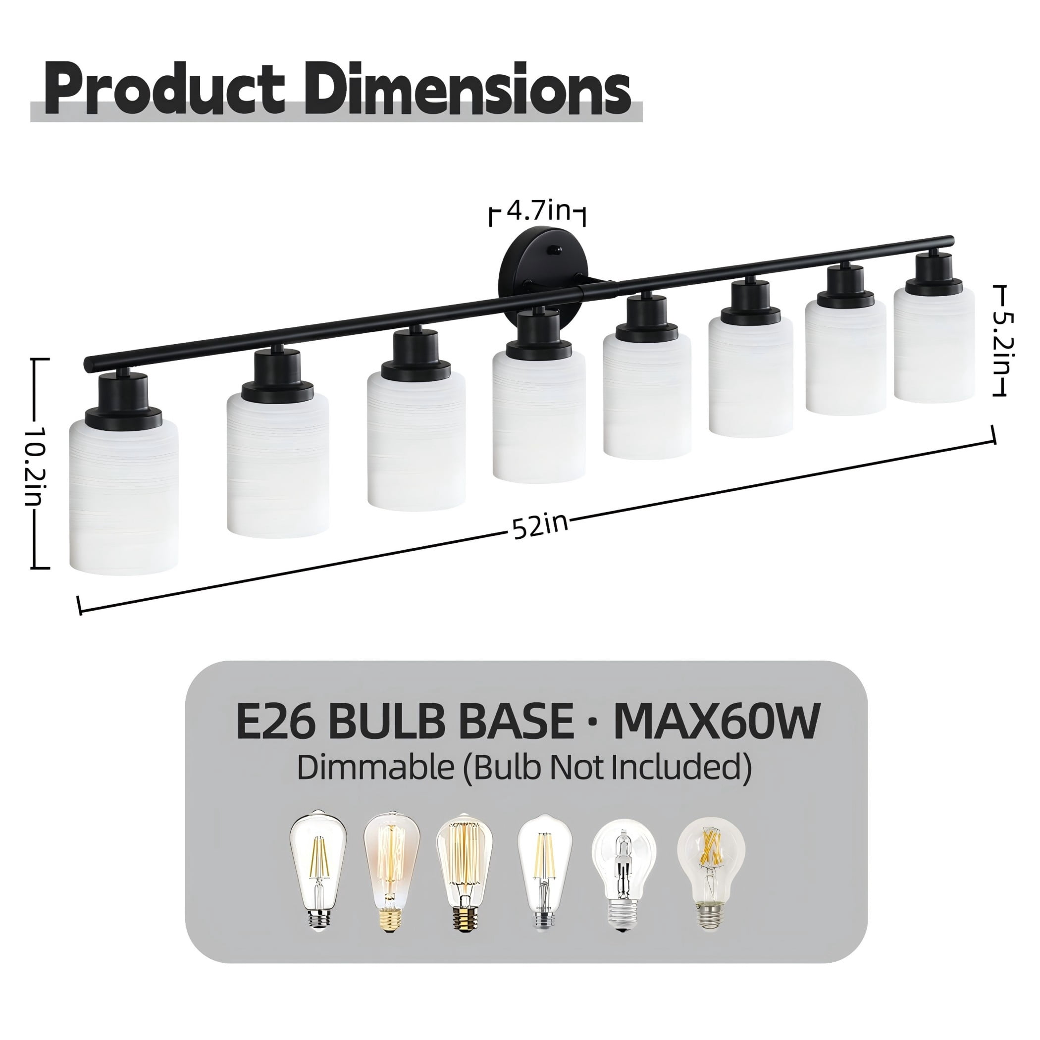 52" Modern 8-Light Vanity Bathroom Light Fixture, Black Iron Frame with Frosted White Glass Shades, Wall Sconce for Mirror, Bedroom, Bathroom, or Dressing Room (Bulbs Not Included)