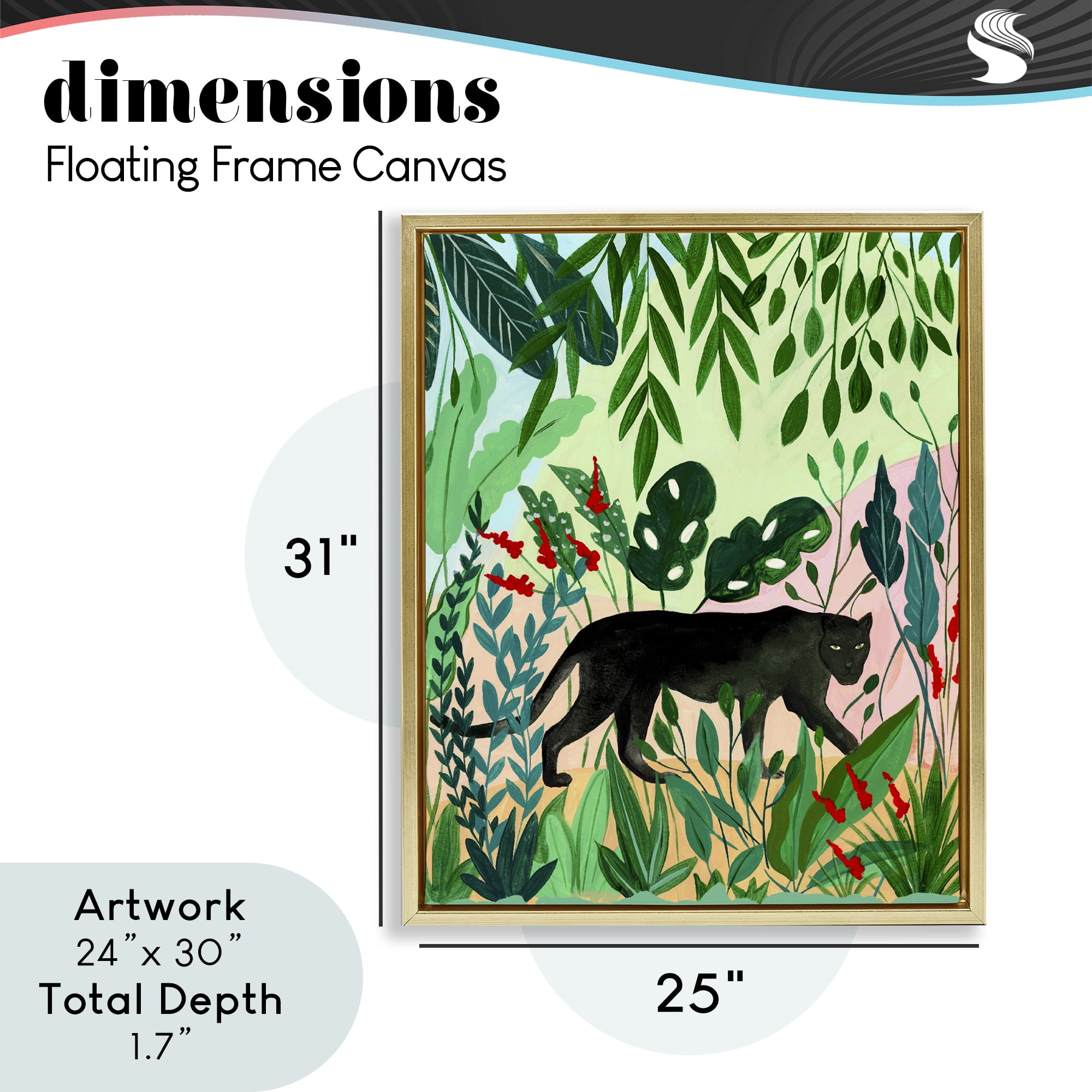 Stoic Panther Tropical Forest Gold Framed Floater Canvas Wall Art, design by Nabeela Rumi