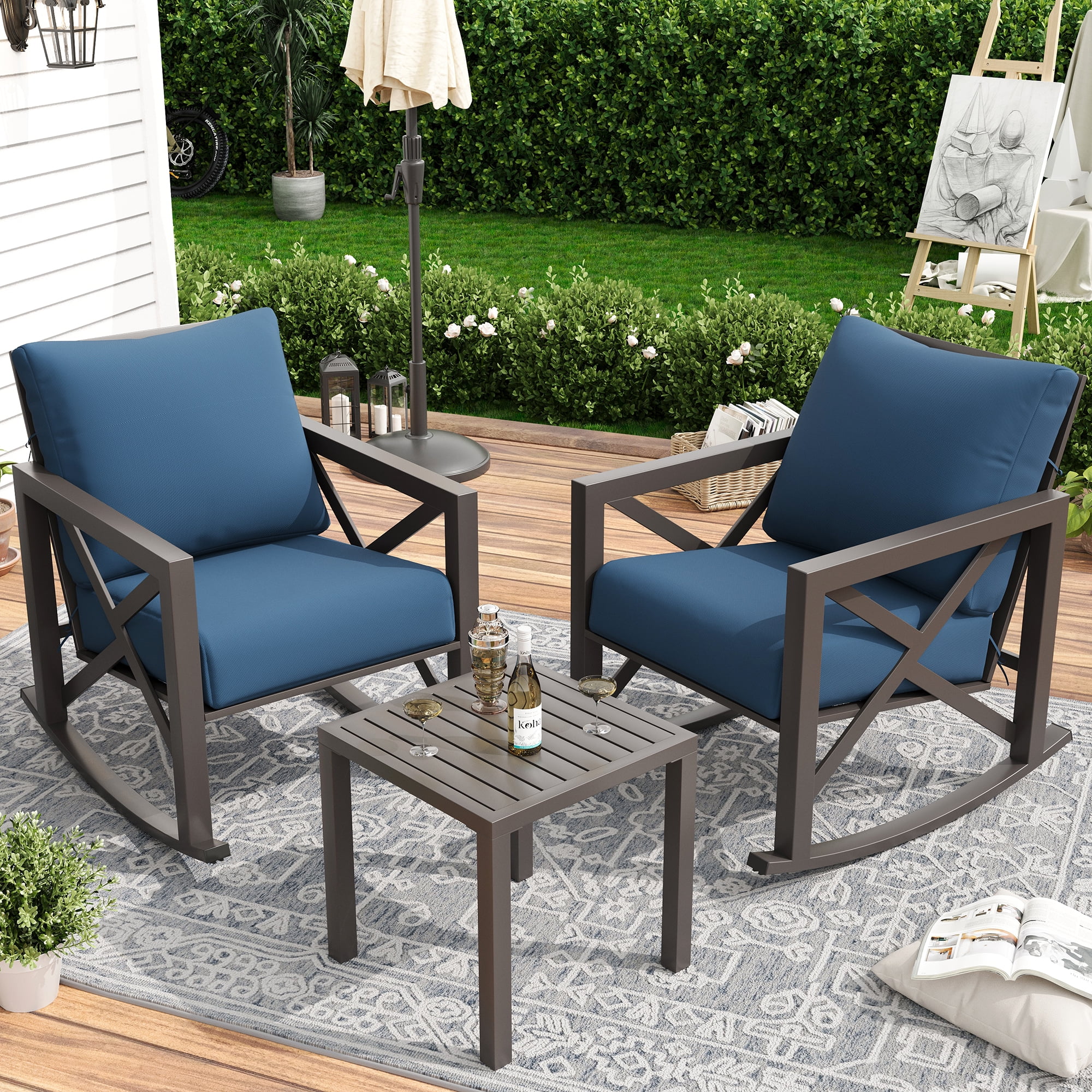 MRUAKA Rocking Chair Bistro Set,3 Piece Outdoor Patio Furniture Set with 2 Rockers and 1 Metal Coffee Table with Thick Cushions for Porch,Backyard,Poolside,Blue