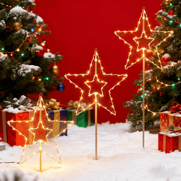 3-Pack Warm White Patriotic Star Lights, 14.8" Foldable Metal Decor with Remote, 8 Modes & Timer, Battery Powered for Outdoor Christmas Decorations