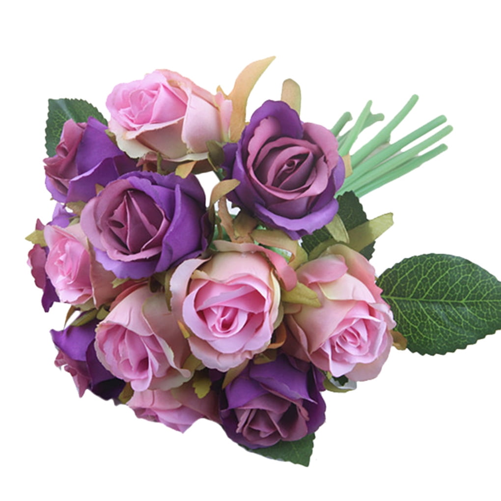 Artificial Flowers Silk Rose 12 Heads Bouquet Wedding Bunch in vase 