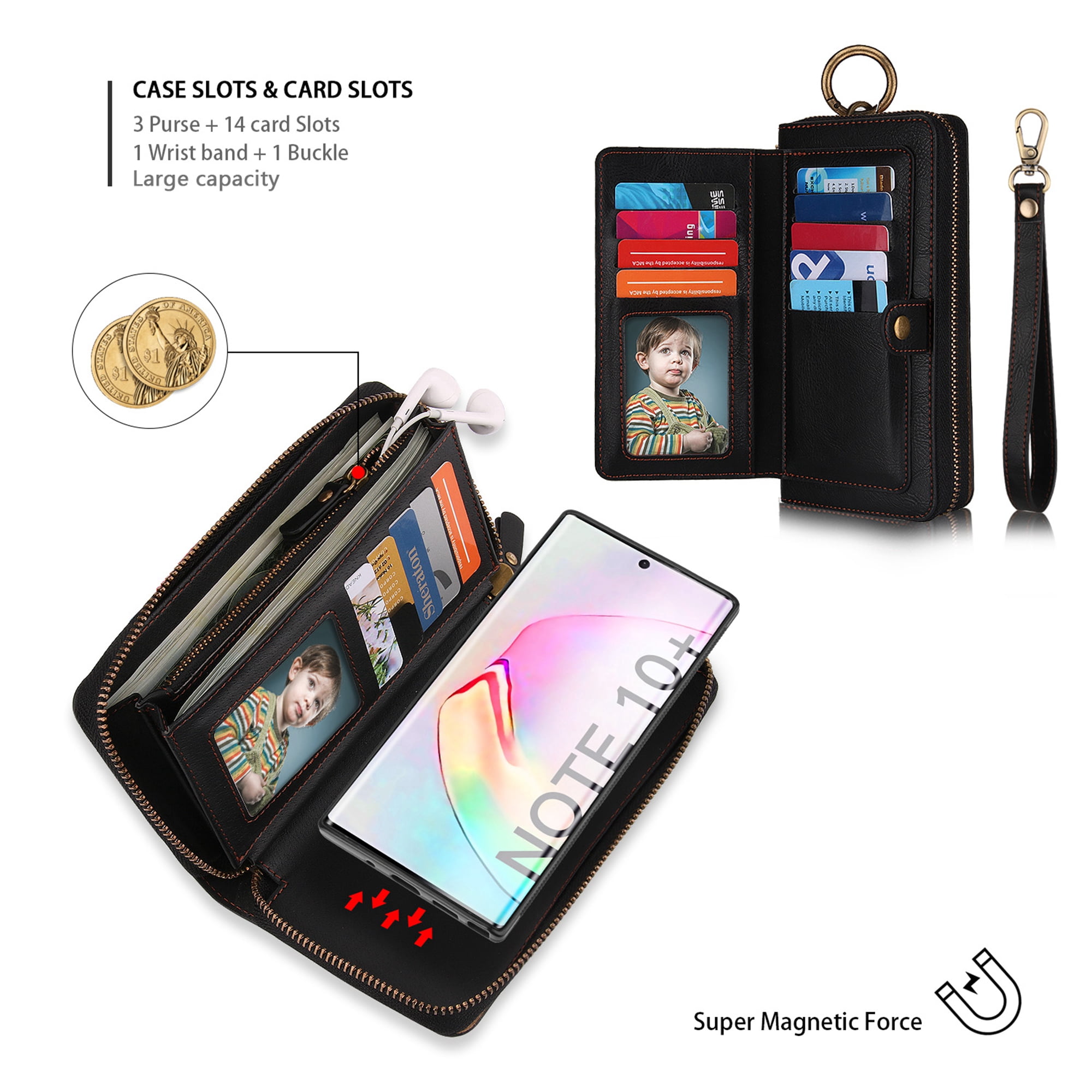 Samsung Galaxy Note 10 Plus Wallet Detachable Case, Dteck Zipper Purse Phone Case Multi-functional Folio Flip Leather Removable Magnetic Back Cover For Samsung Galaxy Note10+, Black